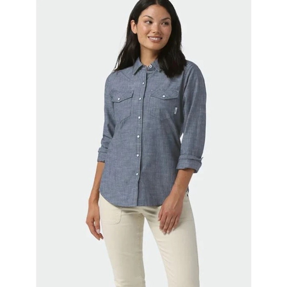 Stio Ashton Chambray Denim Pearl Snap Shirt Large Womens Blue Western Rodeo
